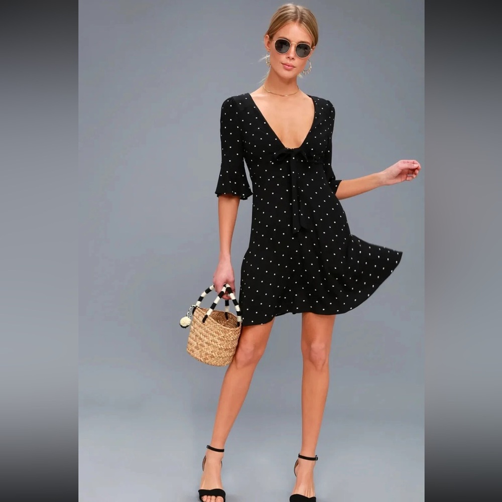 Free People All Yours Black Polka Dot Tie-Front Dress